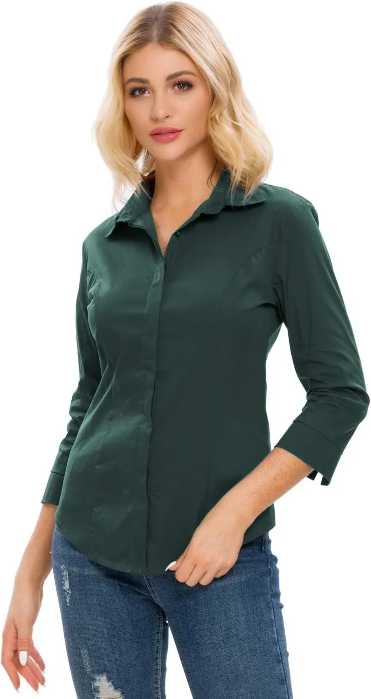 Womens Button Down Shirts Official Formal 3/4 Sleeve White Stretch Blouse Summer Dress Shirt