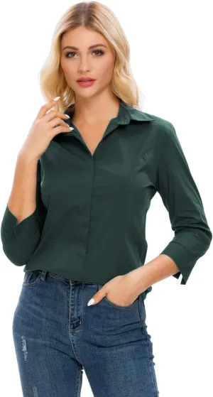 Womens Button Down Shirts Official Formal 3/4 Sleeve White Stretch Blouse Summer Dress Shirt