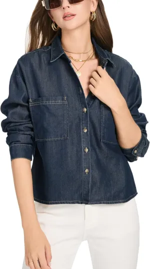 Women's Cropped Denim Shirt Long Sleeve Button Down Jean Blouse with Pockets, Comfort Fit Casual Vintage Top