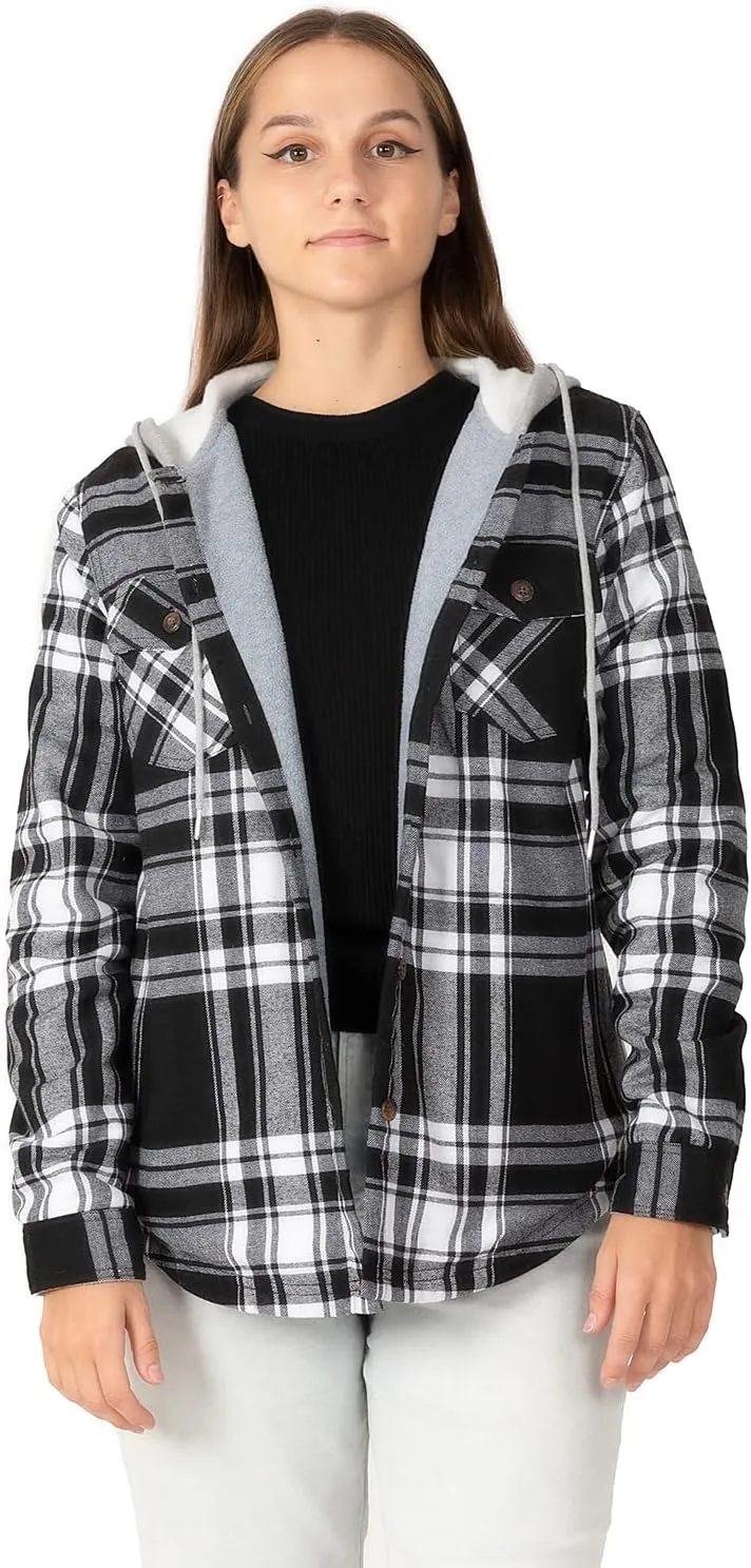 Womens Fleece Hooded Flannel Shirts Plaid Button Down Flannel Shirt Hoodie Jacket with Pockets