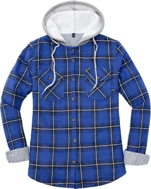 Womens Fleece Hooded Flannel Shirts Plaid Button Down Flannel Shirt Hoodie Jacket with Pockets