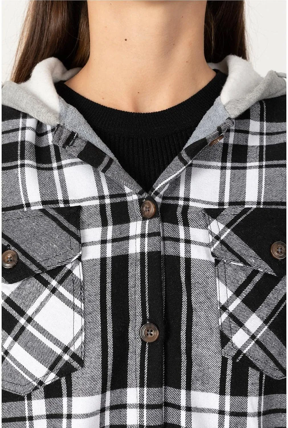 Womens Fleece Hooded Flannel Shirts Plaid Button Down Flannel Shirt Hoodie Jacket with Pockets