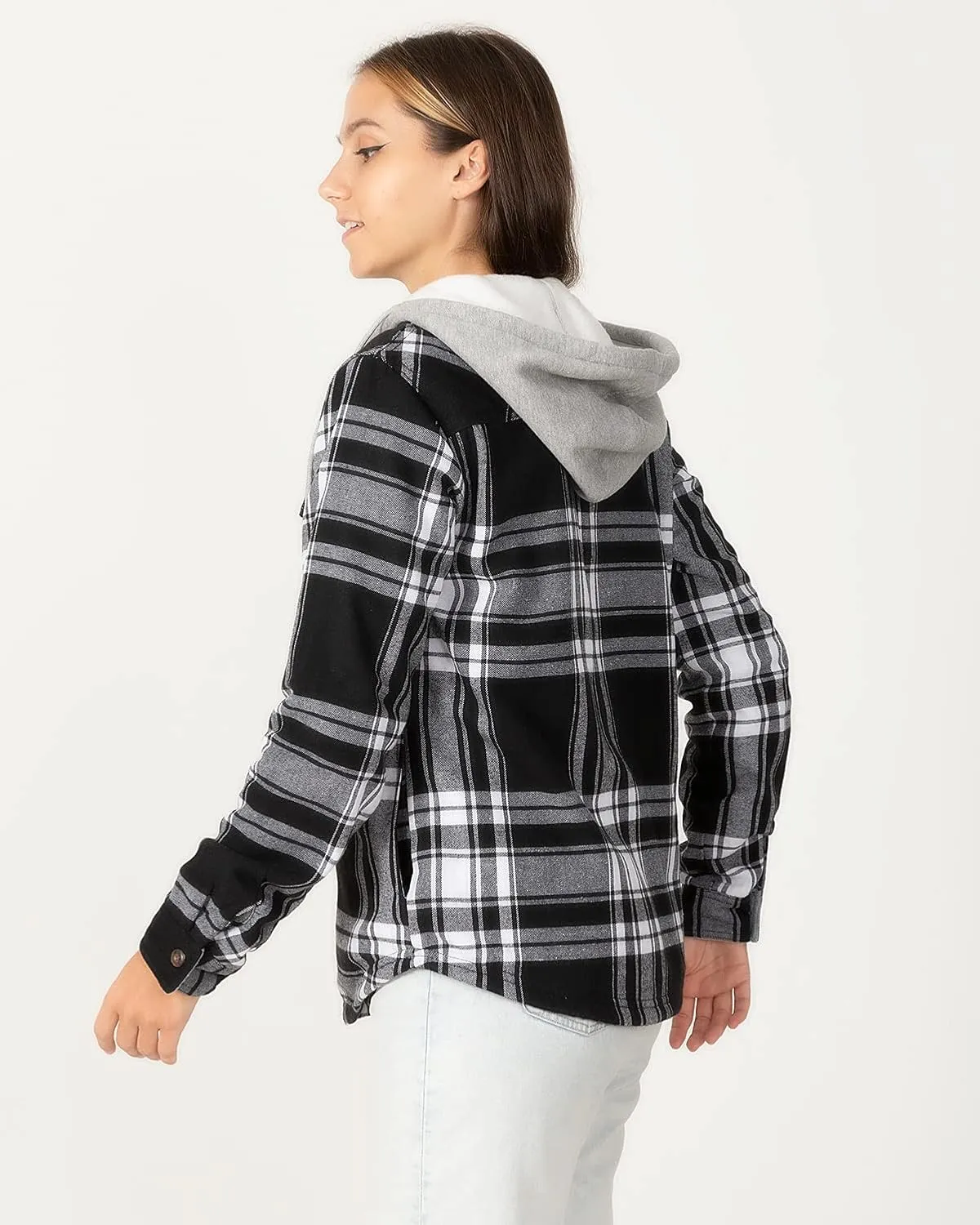 Womens Fleece Hooded Flannel Shirts Plaid Button Down Flannel Shirt Hoodie Jacket with Pockets