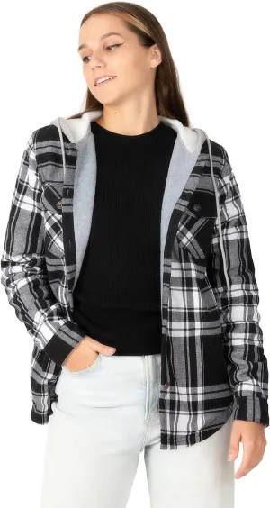 Womens Fleece Hooded Flannel Shirts Plaid Button Down Flannel Shirt Hoodie Jacket with Pockets