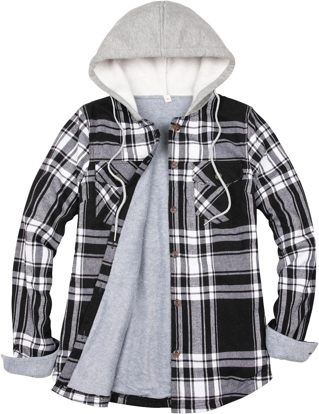 Womens Fleece Hooded Flannel Shirts Plaid Button Down Flannel Shirt Hoodie Jacket with Pockets