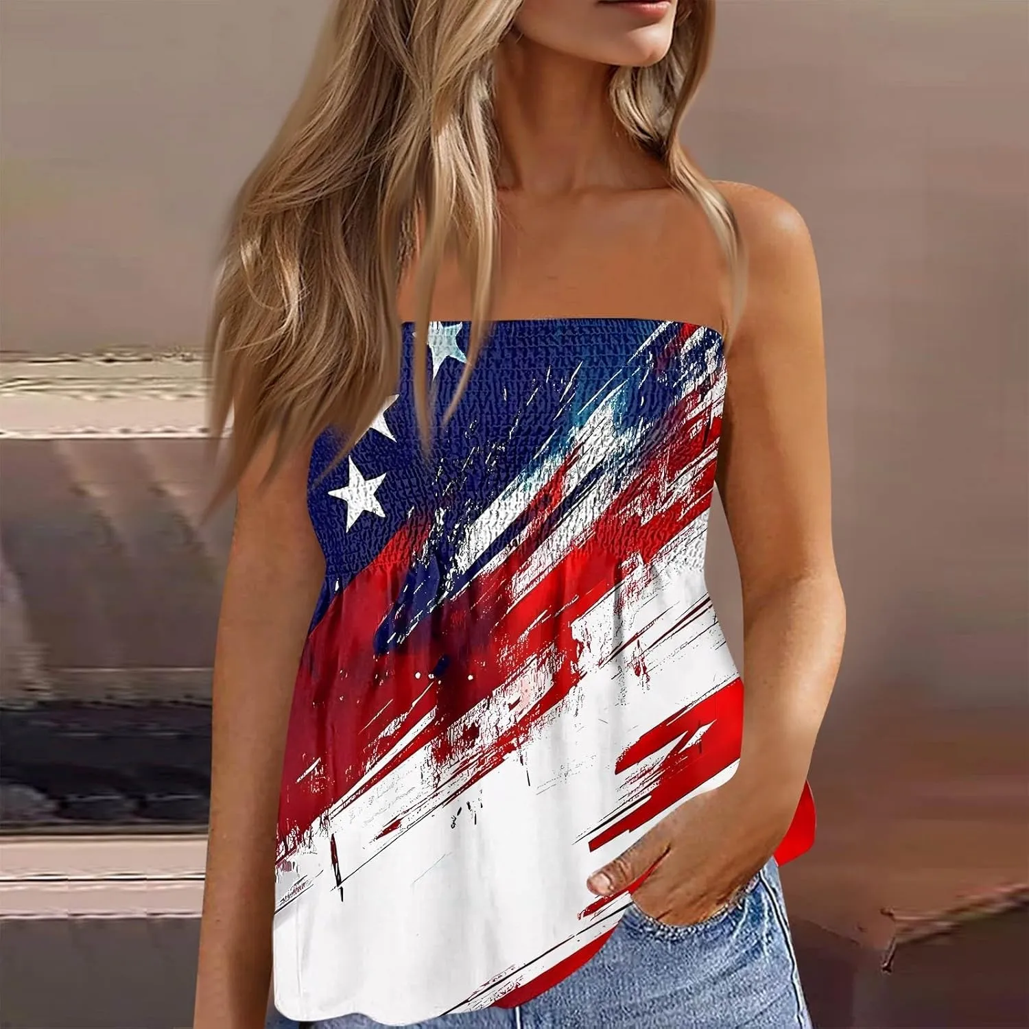 Women's Plus Size Tube Tops Summer Strapless Blouse Pleated Sleeveless Stretchy Sleeveless Flare Hem Tube