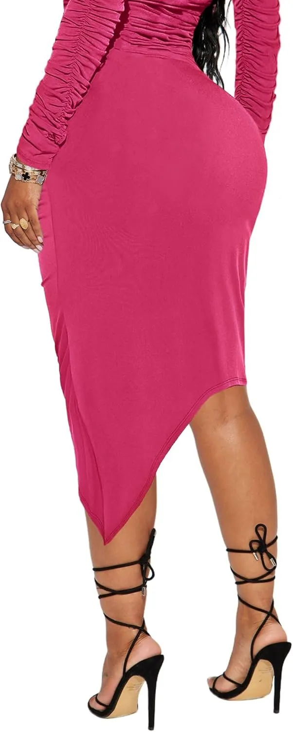 Women??s Sexy Ruched Bodycon Midi Skirts High Waist Party Club Long Pencil Skirt