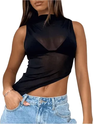 Women's Sheer Mesh Tank Tops Mock Neck Sleeveless Asymmetrical Hem Crop Top See Through Shirts Pure Black X-Large