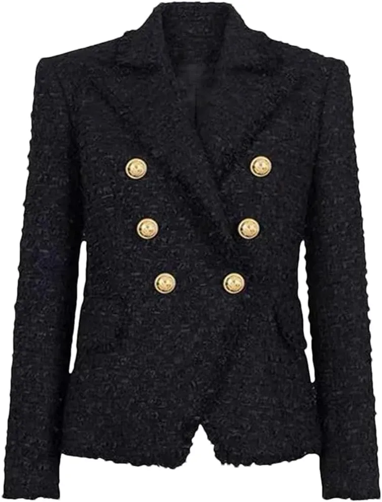 Women's Spring Autumn Classic Tweed Fabric Double Breasted Blazer Jacket