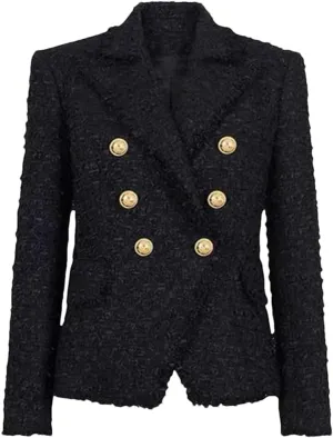 Women's Spring Autumn Classic Tweed Fabric Double Breasted Blazer Jacket