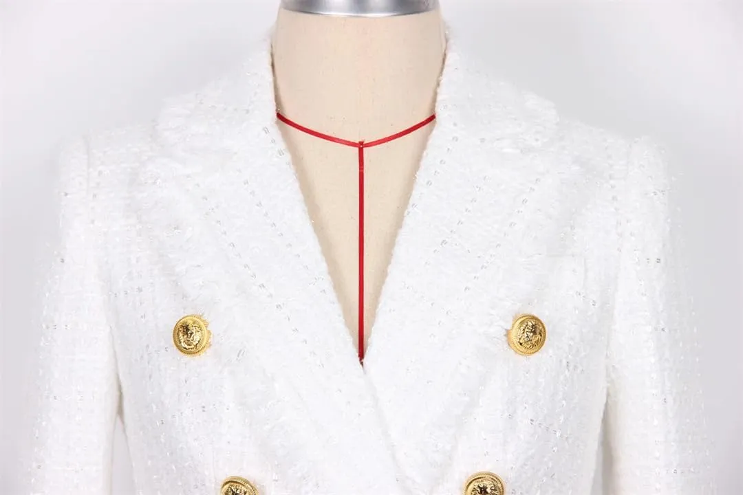 Women's Spring Autumn Classic Tweed Fabric Double Breasted Blazer Jacket