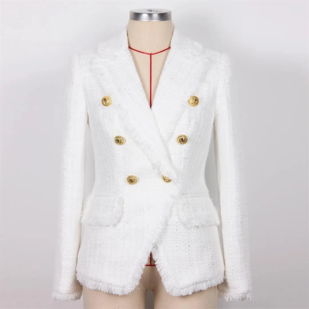 Women's Spring Autumn Classic Tweed Fabric Double Breasted Blazer Jacket