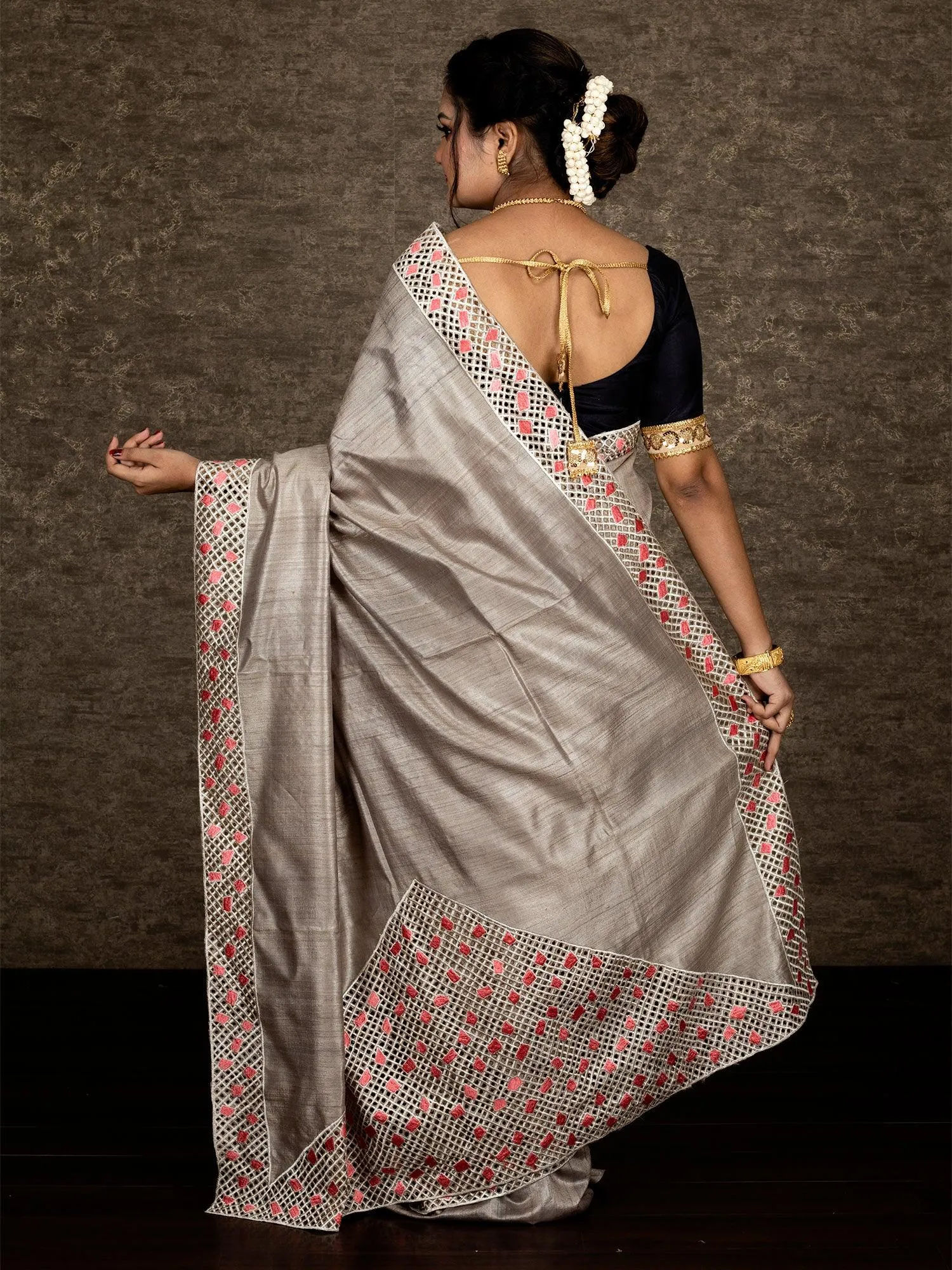 Wonderful Still Grey Embroidered Cutwork Tussar Silk Saree
