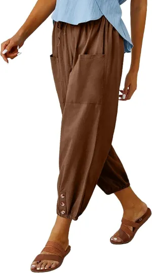WROLEM Women's High Waist Capri Pants with Pockets Wide Leg Cropped Pants for Women - Black - Small