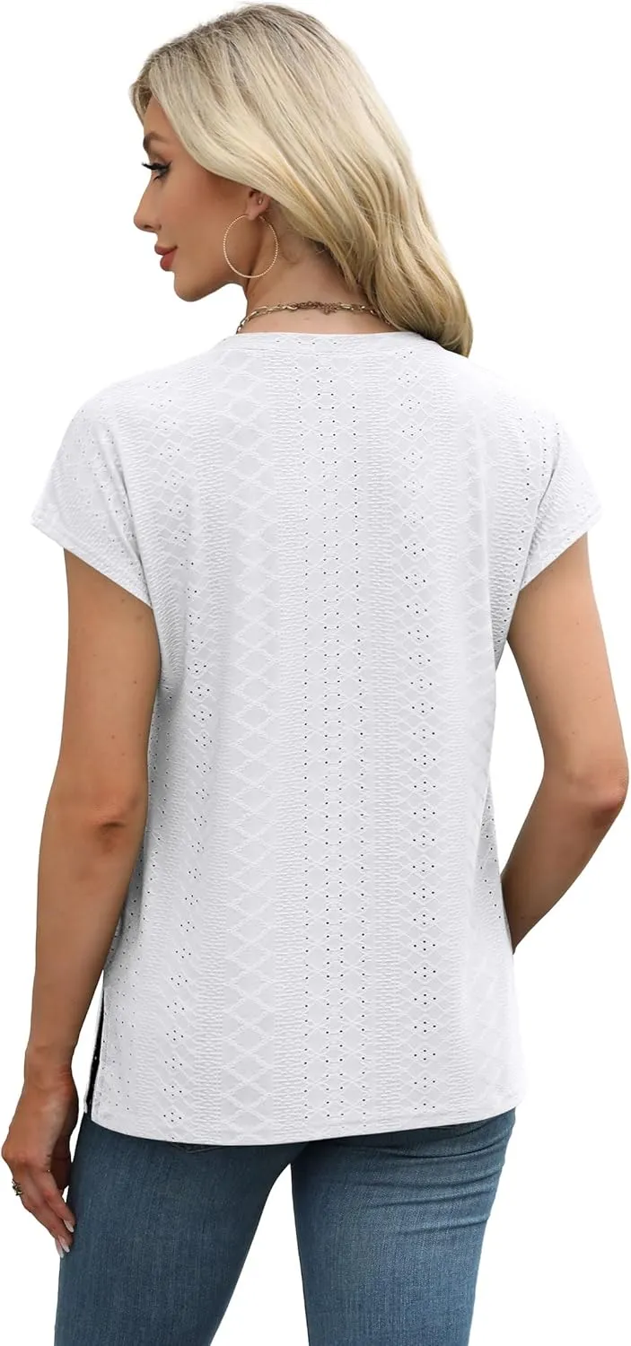 XIEERDUO Womens Tops V Neck Cap Sleeve Loose Fit Tee Shirts Summer Spring 2025 Eyelet/Printed