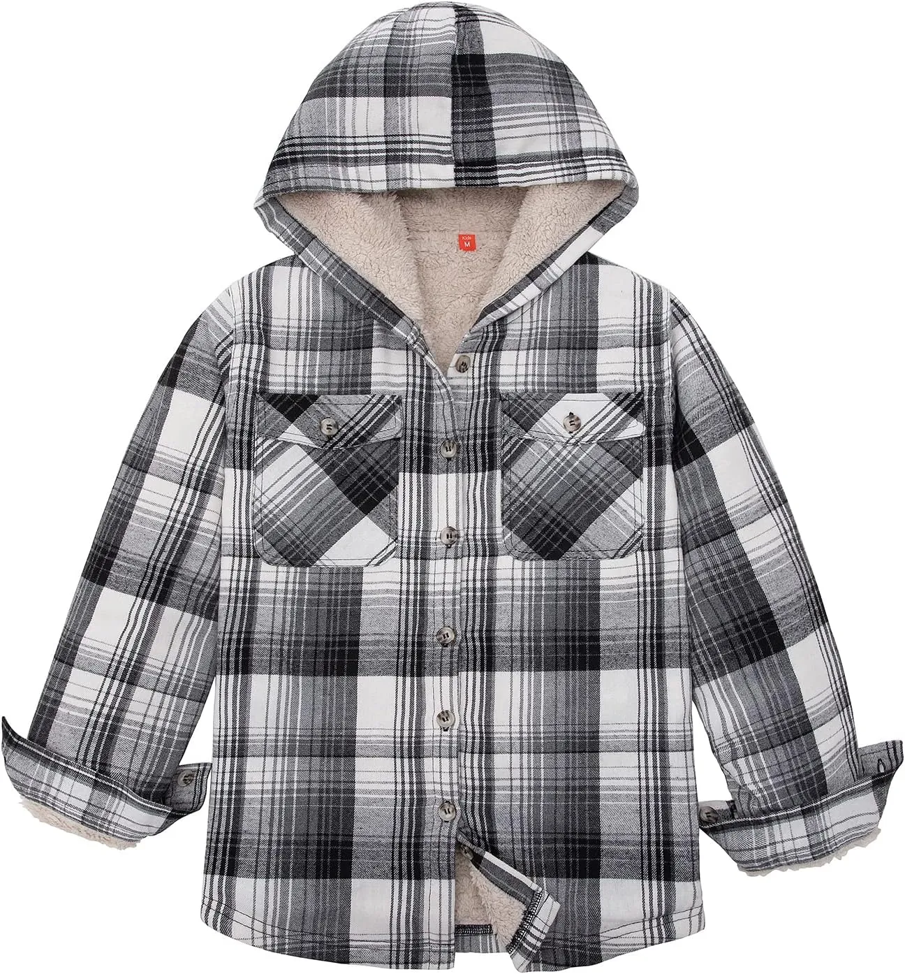 ZENTHACE Girls Hooded Plaid Flannel Shirt Jacket with Hand Pockets,Sherpa Lined Button Down Flannel Shacket Jacket