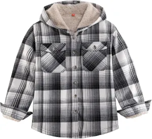 ZENTHACE Girls Hooded Plaid Flannel Shirt Jacket with Hand Pockets,Sherpa Lined Button Down Flannel Shacket Jacket
